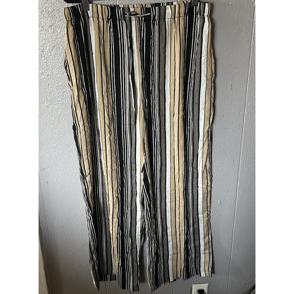 BocaBay wide leg pants Womens Size L‎ striped drawstring Black Tan Casual